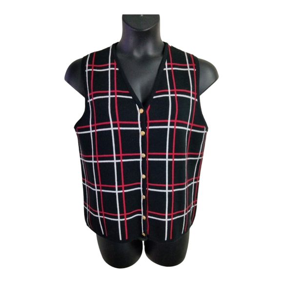 Liz Baker Sz Medium Black red white and Gold button down cotton sweater vest - Picture 1 of 13